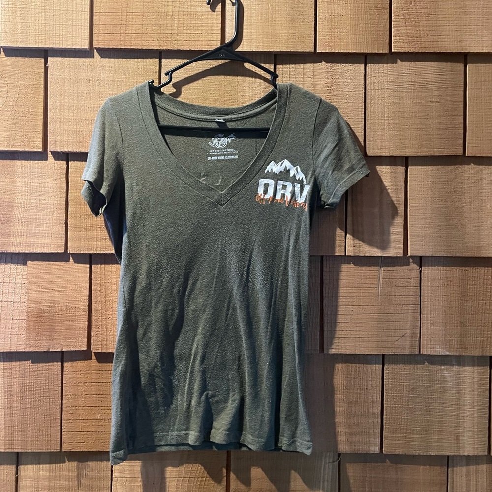 Olive Green V-Neck T-Shirt with Mountain Logo